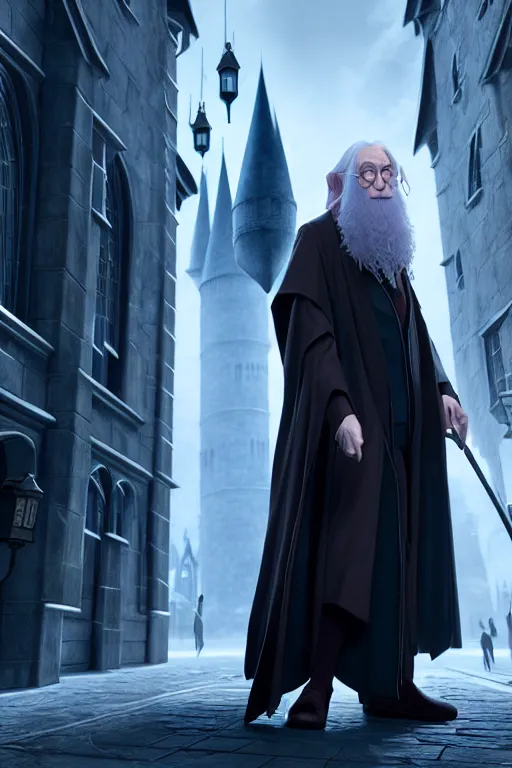 Prompt: harry potter is dumbledore, concept art by senior character artist, cgsociety, photorealism, rendered in unreal engine, official art, cold hue's