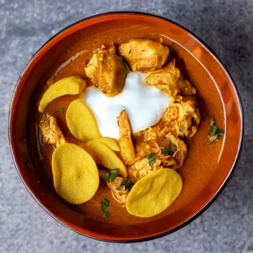 Prompt: chicken curry topped with pringles chips