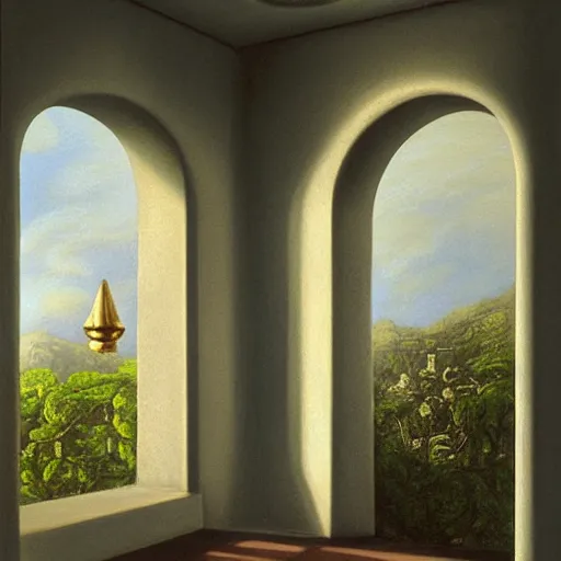 Image similar to still life painting of a room with a balcony. in the center lays an ancient holy artifact, shaped like torus ring, chromed and ornate with gentle iridescent shine from within. the ring lays on top of a pedestal. perspective from the side. realistic light and shadows. moody fantasy art, still life renaissance pastel painting.