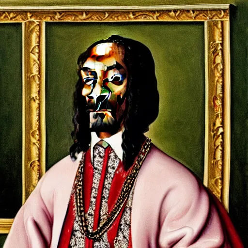 Image similar to a highly detailed portrait of snoop dogg, wearing elegant tudor clothes, inside a room with thick red tapestries, oil painting by hans holbein and alessandro allori and richard burbage