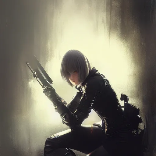 Image similar to painting of yorha no. 2 type a wearing skintight leather jacket holding a gun, by jeremy mann, fantasy art, dynamic lighting, artstation, poster, volumetric lighting, 4 k, award winning