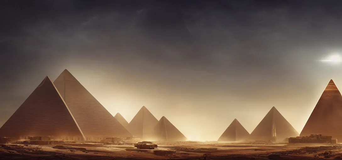 Image similar to view from the desert ground of futuristic blade runner pyramids architecture, light rays, symmetry, cinematic lighting, ultra detailed, sharp, ambient occlusion, bloom, raytracing, by greg rutowski, paul chaidesson and jessica rossier