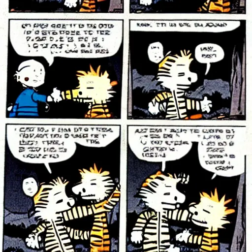 Prompt: calvin and hobbes got really dark all of a sudden. newspaper strip from the 1 9 8 0 s