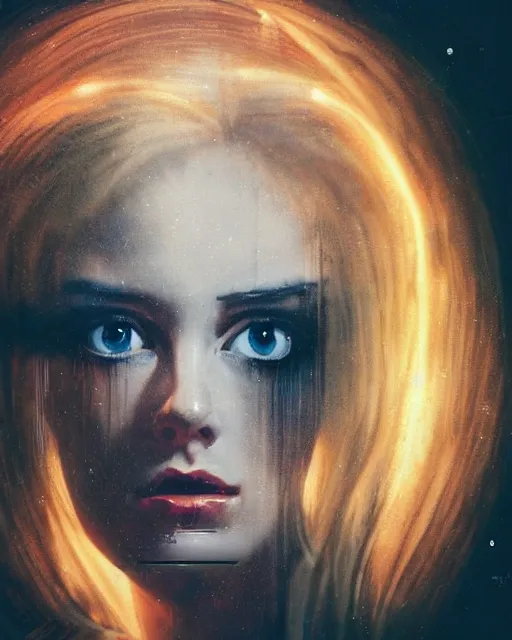 Image similar to a beautiful and eerie baroque painting of a gorgeous young woman in dead space, with wild blonde hair and haunted eyes, 1 9 7 0 s, space station, neon light showing injuries, delicate ex embellishments, painterly