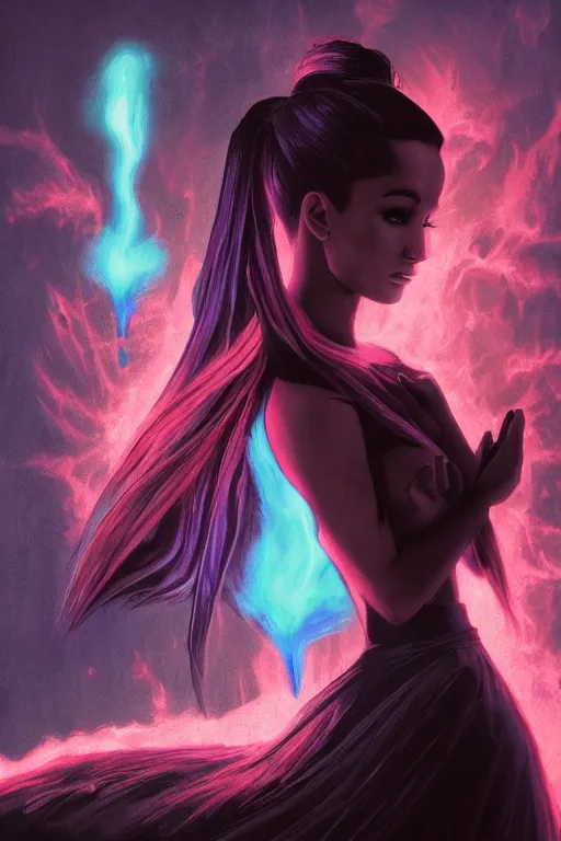 Image similar to evil fire witch ariana grande, art by frank kelly & michael bohme, trending on artstation, bioluminescence closeup view illustrator, american romanticism, very very elegant, 4 k hd