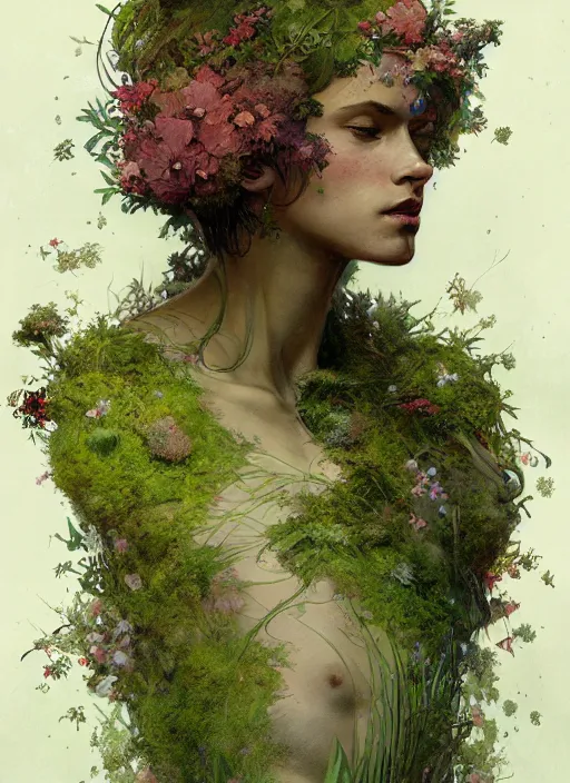 Image similar to a man made of moss and flowers, full body view, beautiful high quality realistic fantasy art, trending on artstation by artgerm and greg rutkowski and alphonse mucha