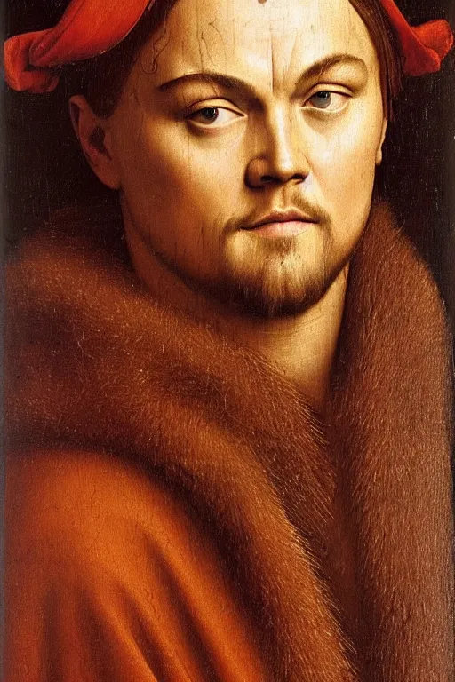 Image similar to 1 4 0 0 s renaissance portrait of leonardo dicaprio oil painting by jan van eyck, northern renaissance art, oil on canvas, wet - on - wet technique, realistic, expressive emotions, intricate textures, illusionistic detail