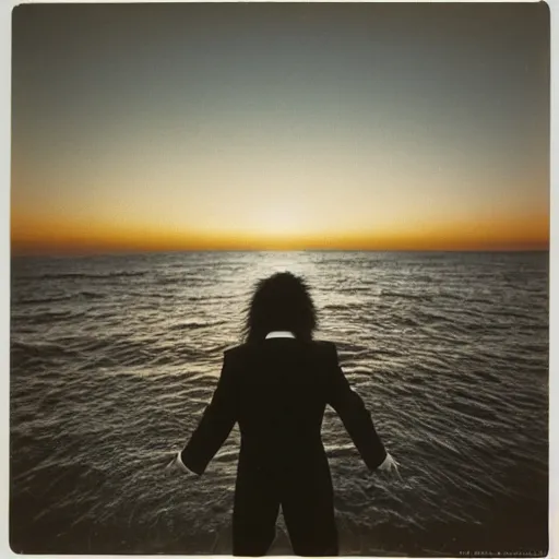 Prompt: japanese man with long hair in a suit standing in the ocean pointing at the camera, sunset, album cover, 1980