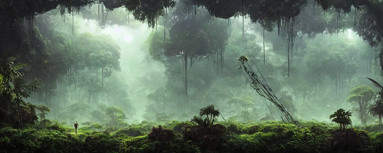 Image similar to ” outer planet with misty jungle, [ moist, wet, lush, cinematic, detailed, epic, widescreen, opening, establishing, mattepainting, photorealistic, realistic textures, octane render, art by paul lehr ] ”