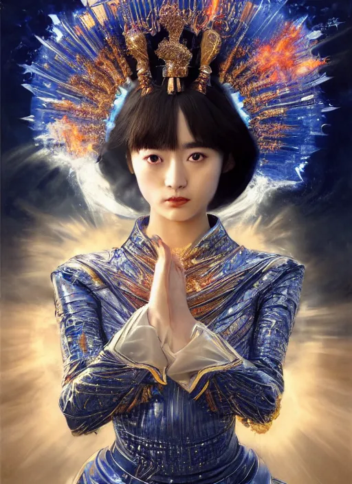 Prompt: portrait of ravishing Japanese Princess Suzu Hirose unleashing a devastating multiversal blazing fireball, wearing futuristic luxurious white and little royal blue details suit, captivating, beautiful look, face anatomy, surreal and allegorical, octane render, art by Karol Bak, Karol bak pastiche