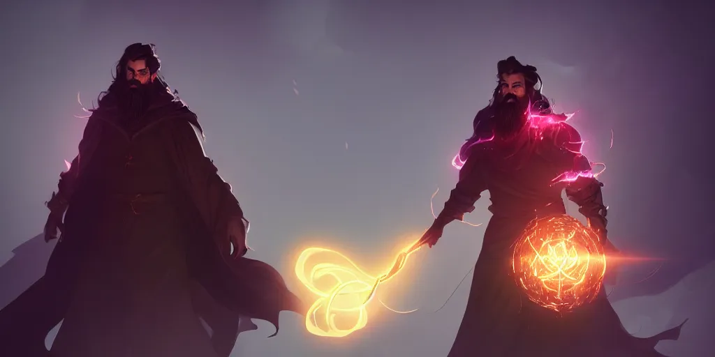 Prompt: a bearded telsa like male sorcerer casting a spell, light rays, bloom, dramatic lighting, epic composition, unreal engine, octane render, concept art, trending on artstation, in the style of johannes helgeson, maciej kuciara, dan luvisi and cedric peyravernay