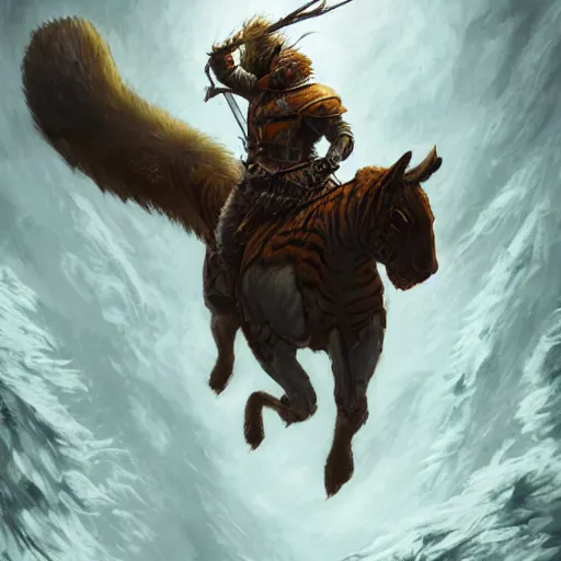 Prompt: Squirrel knight riding tiger, magic the gathering artwork, horror, D&D, fantasy, cinematic lighting, centered, symmetrical, highly detailed, digital painting, artstation, concept art, smooth, sharp focus, illustration, volumetric lighting, epic Composition, 8k, art by Akihiko Yoshida and Greg Rutkowski and Craig Mullins, oil painting, cgsociety