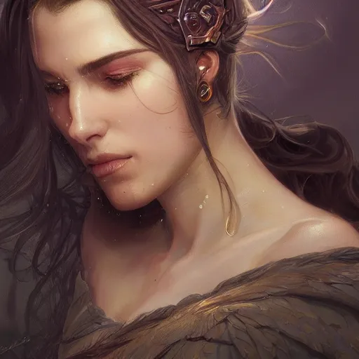Image similar to close up portrait of a woman with her face covered by hair, D&D, fantasy, intricate, elegant, highly detailed, digital painting, artstation, concept art, matte, sharp focus, illustration, hearthstone, art by Artgerm and Greg Rutkowski and Alphonse Mucha