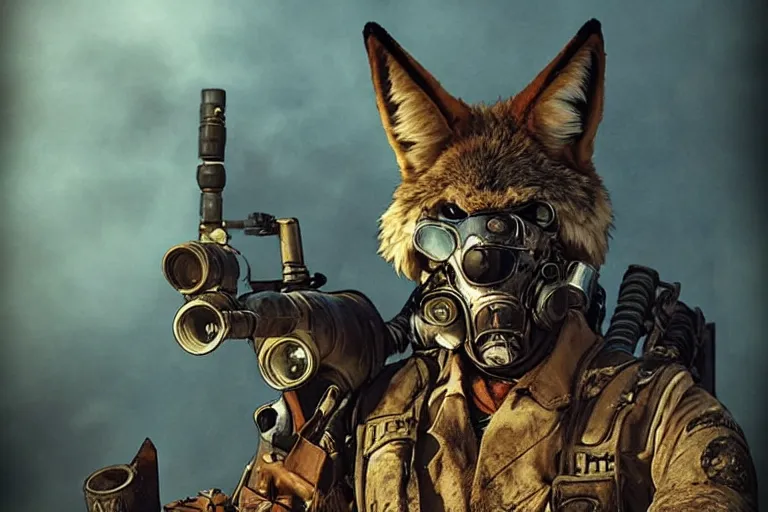 Image similar to a good ol'coyote fursona ( from the furry fandom ), heavily armed and armored facing down armageddon in a dark and gritty version from the makers of mad max : fury road. witness me.