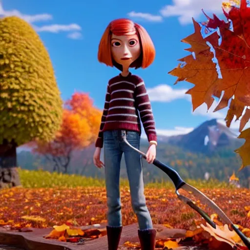 Image similar to a stopmotion animation character, a beautiful canadian woman, gardening, very attractive, messy dark grey hair, striped sweater, tight denim jeans, maroon doc marten boots, canadian maple leaves blowing about, mountains, autumn, unreal engine 5, 8 k, kubo and the two strings, disney, pixar,