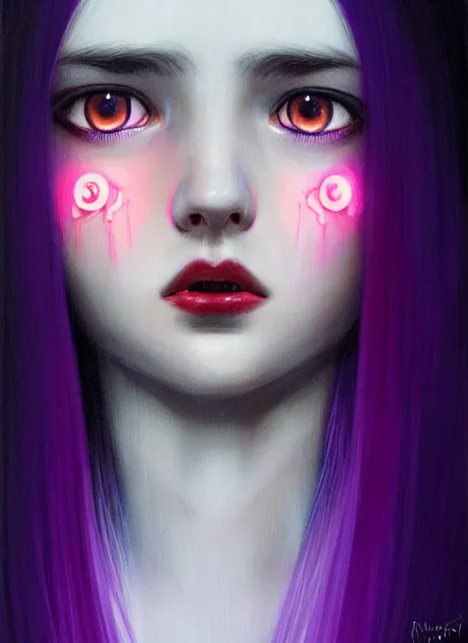 Image similar to hair whitebangs hair, black hair, whitebangs, portrait of teenage girl with white bangs, red irises, purple clothes, white bangs, bangs are different color from hair, intricate, elegant, glowing lights, highly detailed, digital painting, artstation, concept art, smooth, sharp focus, illustration, art by wlop, mars ravelo and greg rutkowski