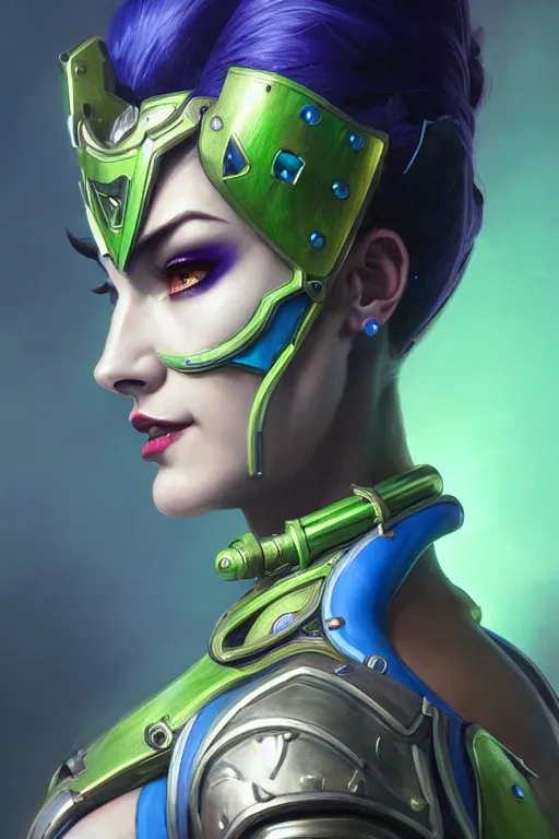 Image similar to painting of widowmaker from overwatch wearing ornate plastic armor, green blue skin color, ultra realistic, sharp details, subsurface scattering, intricate details, warm lighting, beautiful features, highly detailed, photorealistic, octane render, 8 k, unreal engine, art by artgerm and greg rutkowski and alphonse mucha