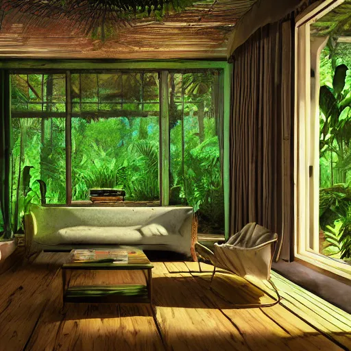 Image similar to interior design of a jungle house, vivid lighting, photorealist, 4 k