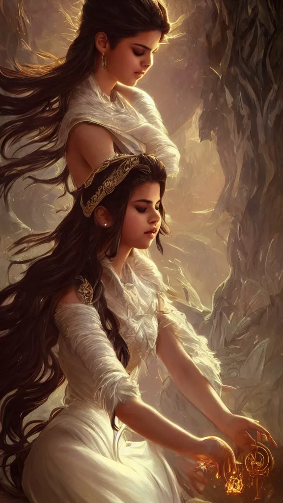 Image similar to Selena Gomez casting an frost spell, D&D, fantasy, intricate, elegant, highly detailed, digital painting, artstation, concept art, matte, sharp focus, illustration, hearthstone, art by Artgerm and Greg Rutkowski and Alphonse Mucha