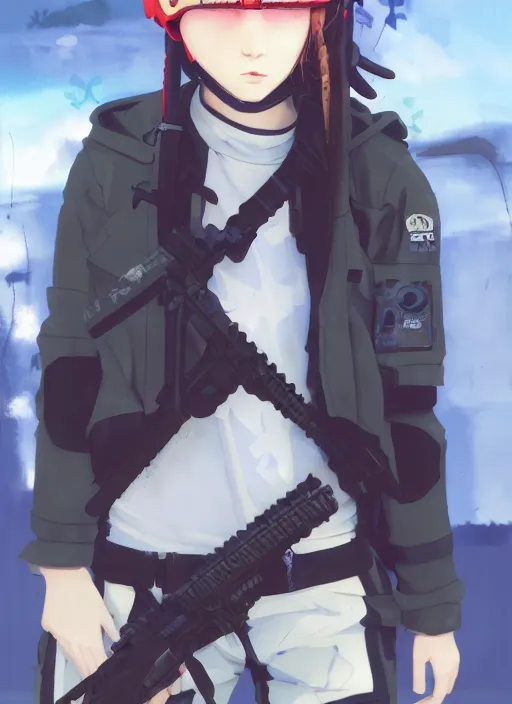 Prompt: a paintball sport player girl, softair center landscape, illustration, concept art, anime key visual, trending pixiv fanbox, by wlop and greg rutkowski and makoto shinkai and studio ghibli and kyoto animation, psp world cup, symmetrical facial features, short hair, white urban pop clothes, blue lens airsoft mask, blue airsoft pistol, realistic anatomy