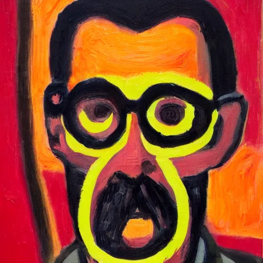 Prompt: an expressionism face portrait of Gordon freeman used with Impasto, dark oranges reds and yellows, note detailed