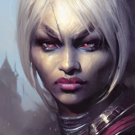 Prompt: closeup portrait of a drow warrior, dungeons and dragons character, dramatic lighting, castle background, gorgeous view, realistic, high detail, digital art, painted by greg rutkowski, painted by jeremy mann, trending on artstation