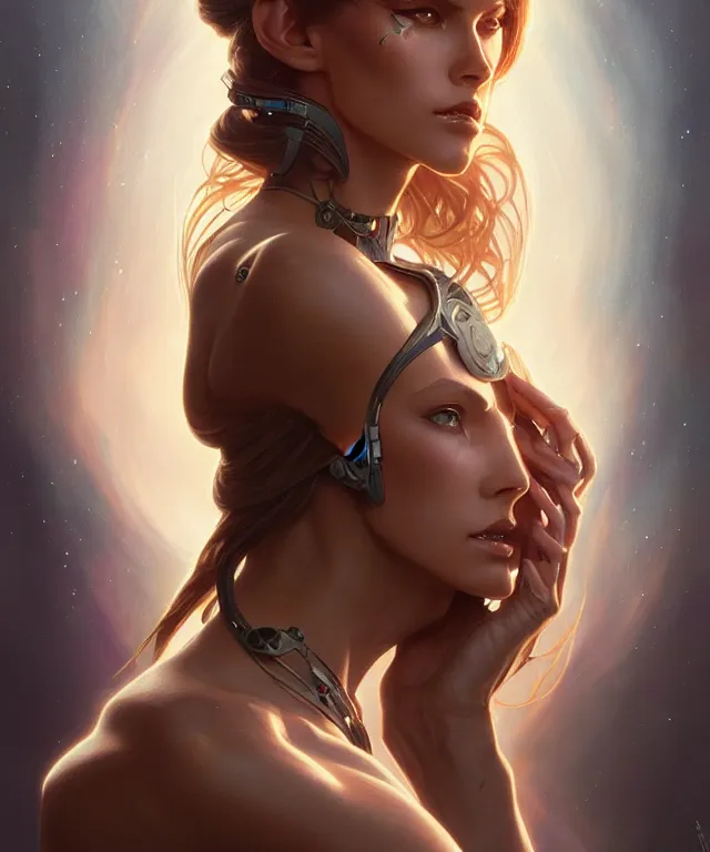 Image similar to futuristic woman portrait, sci-fi, amber eyes, face, long hair, fantasy, intricate, elegant, highly detailed, digital painting, artstation, concept art, smooth, sharp focus, illustration, art by artgerm and greg rutkowski and alphonse mucha