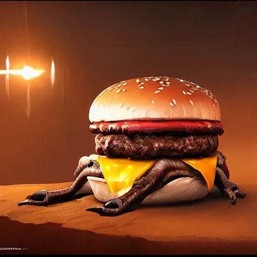 Image similar to hyper realistic hamburger as a xenomorph, painted by greg rutkowski, unreal engine, pixar,