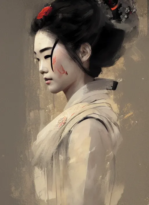 Image similar to female geisha girl, beautiful face, rule of thirds, intricate outfit, spotlight by greg rutkowski, by jeremy mann, digital painting