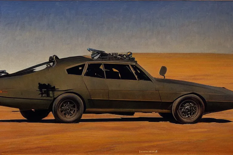 Image similar to mad max's pursuit special, the last v 8 interceptor, grant wood, pj crook, edward hopper, oil on canvas