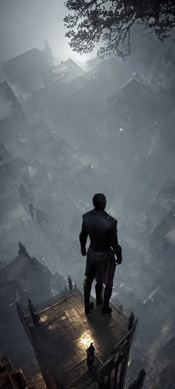 Prompt: corvo attano standing on top of a tower and looking down at dunwall, dishonored game screenshot, cinematic, dark atmosphere, long exposure, white balance, 8 k, led, lumen global illumination, fog, ray tracing reflections