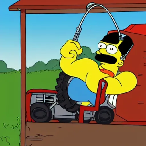 Image similar to A cyclops riding a tractor listening to AirPods in the style of the Simpsons