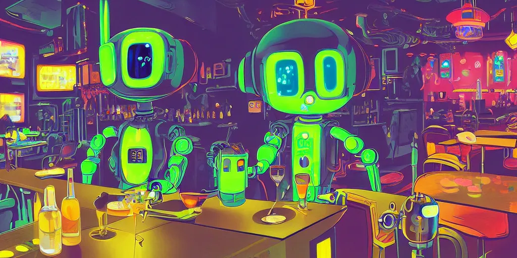 Image similar to a cute robot in a cyberpunk bar by chiho aoshima