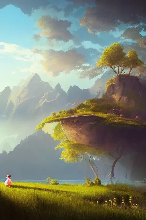 Prompt: beautiful matte painting by goro fujita concept empty world art fantasy path mountains and meadow in the background near a lake reflecting the trees, atmospheric lighting, painted, intricate, volumetric lighting, beautiful, rich deep colors masterpiece, sharp focus, ultra detailed by