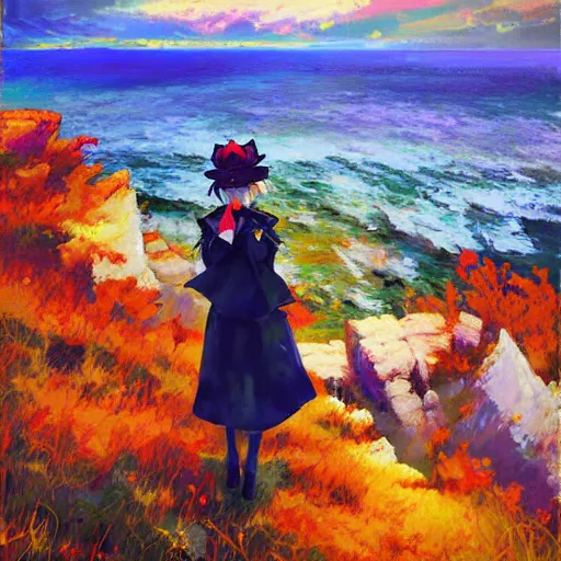 Prompt: Beautiful abstract impressionist painting of Kirisame Marisa from the Touhou project standing on a cliff overlooking the sea, touhou project official artwork, danbooru, oil painting by Antoine Blanchard, wide strokes, pastel colors, soft lighting sold at an auction