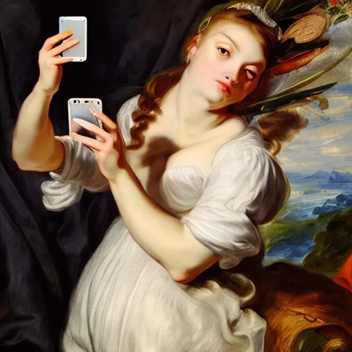 Image similar to heavenly summer sharp land sphere scallop well dressed lady taking a selfie with her iphone auslese, by peter paul rubens and eugene delacroix and karol bak, hyperrealism, digital illustration, fauvist, iphone