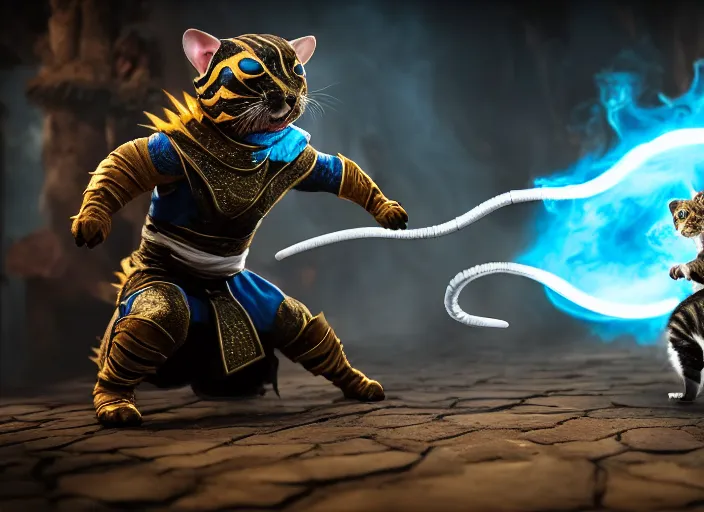 Image similar to hamster dressed as sub zero fights a cat dressed as scorpion in mortal kombat on the background of a laughing shao khan. fantasy magic style. highly detailed 8 k. intricate. lifelike. soft light. sony a 7 r iv 5 5 mm. unreal engine with nanite and path tracing