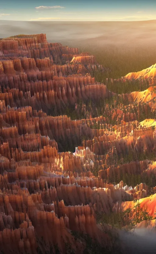 Image similar to a futuristic utopian metropolitan city of shiny buildings and spires sits at the edge of a beautiful cliff like bryce canyon with epic waterfalls cascading down below causing mist at the bottom, a large spacecraft flies nearby, sharp details, photorealistic, octane render, golden hour, cinematic lighting, immense scale