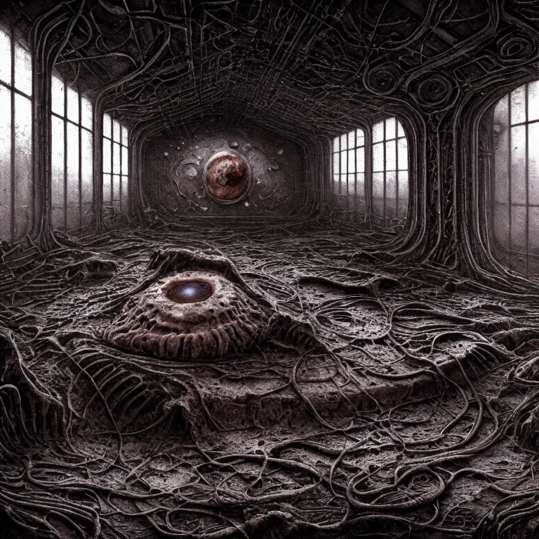 Prompt: ribbed surreal abandoned alien spaceship interior halls on exoplanet, covered in organic flesh meat, in a desolate empty wasteland, creepy, nightmare, dream-like heavy atmosphere, surreal abandoned buildings, beautiful detailed intricate insanely detailed octane render trending on Artstation, 8K artistic photography, photorealistic, chiaroscuro, Raphael, Caravaggio, Beksinski, Giger