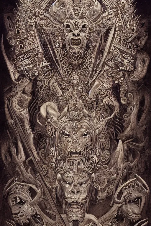 Image similar to a beautiful painting of full - body mayan jaguar warrior, wisdom, good and evil, white ink + magical + symmetrical + detailed intricate + heraldic design + atmosphere high details, in the style of jean delville, artstation, 8 k, 4 k, cinematic