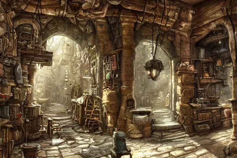 Image similar to A miniscule shop viewed from the inside, texture, intricate, details, highly detailed, masterpiece, architecture, building, trending on artstation, focus, sharp focus, concept art, digital painting, fantasy, sunny, day, midday, in the style of Dungeons and Dragons