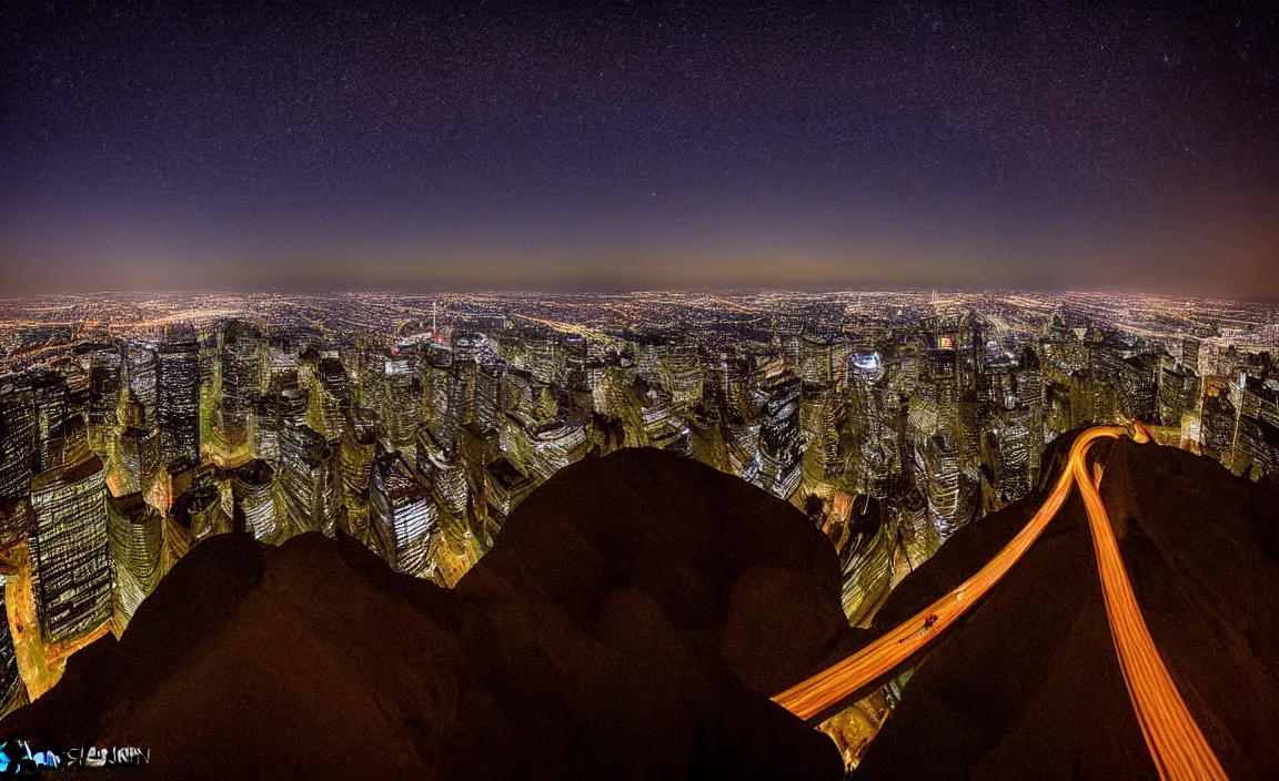 Prompt: award winning canon 1 8 mm wide view photograph looking down from a ridge at a metropolitan city at night, by michael shainblum