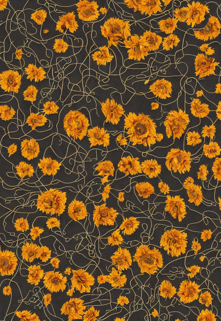 Prompt: mandala about withered sunflowers and dry nasturtiums with vines, dark moody tones