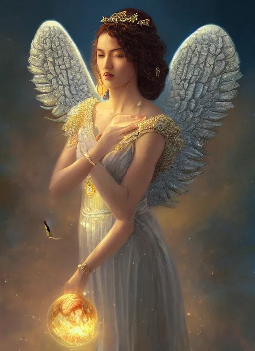 Image similar to A beautiful digital painting of a female angel full of jewels, princess, the moon behind her, intricate, cinematic lighting, highly detailed, digital painting, Artstation, concept art, smooth, sharp focus, illustration, art by Tom Bagshaw, Artgerm and Greg Rutkowski