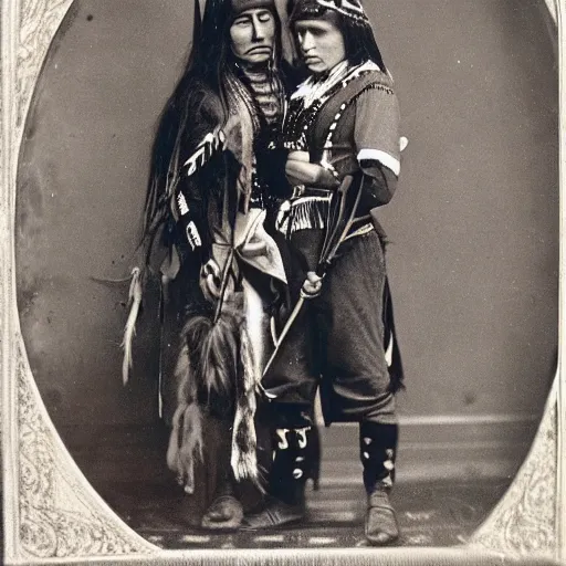 Prompt: victorian photo portrait of Predator and a native american warrior girl, 1825