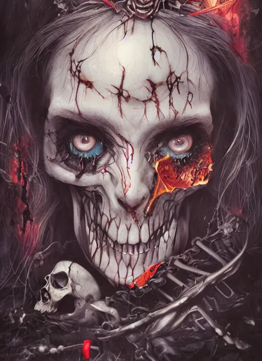 Image similar to Angry Alice in Wonderland, Death Tarot card,highly detailed,half skull face,cinematic,8k,by Stanley Artgermm,Tom Bagshaw,Greg Rutkowski,Carne Griffiths, Ayami Kojima, Beksinski, Giger,trending on DeviantArt,hyper detailed,horror, full of colour