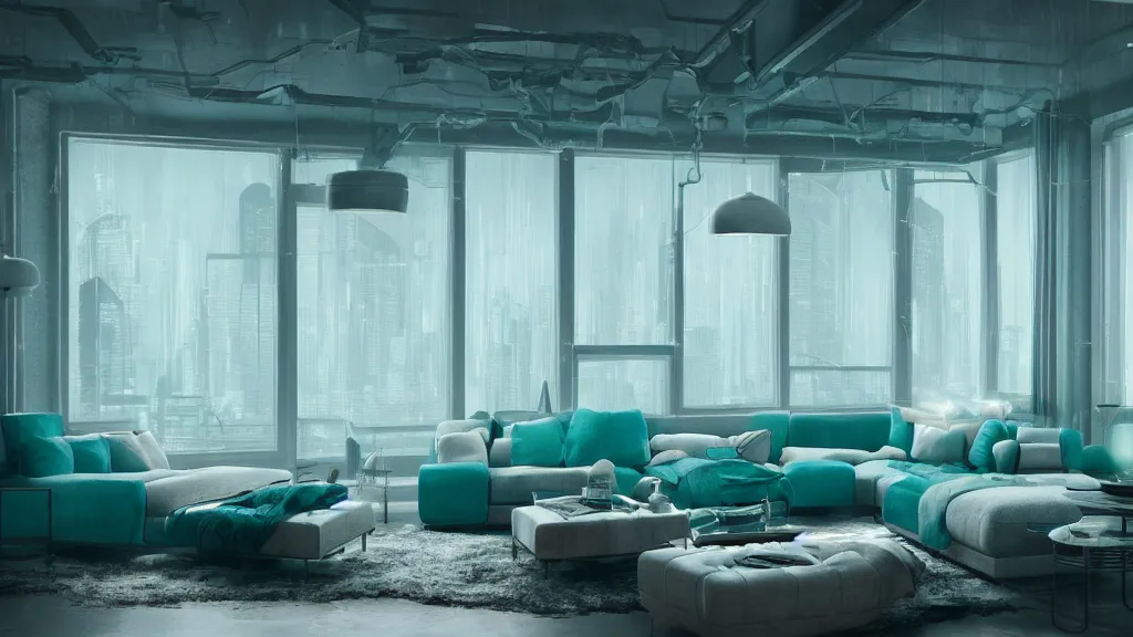 Prompt: living room, breathtaking interior design, teal pastel colors, apartment living room, sci-fi interior lighting, skyline view, midcentury industrial metal design, cyberpunk, 4k, dramatic, cinematic, octane