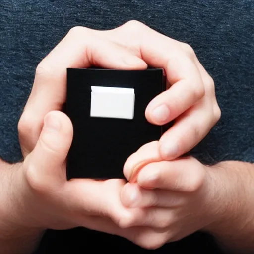 Prompt: a man holding out a small black box that contains his consciousness