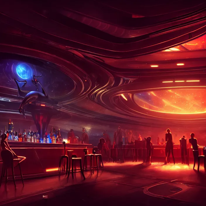 Prompt: a bar in an alien casino, masterpiece, trending on artstation, featured on pixiv, cinematic composition, dramatic pose, beautiful lighting, sharp, details, hyper - detailed, hd, hdr, 4 k, 8 k