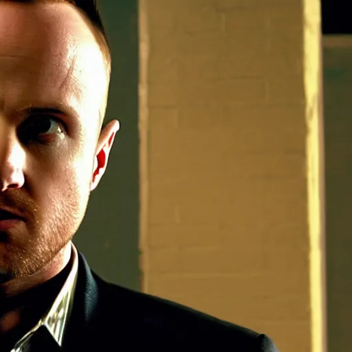 Prompt: Jesse Pinkman from breaking bad wearing a suit with his arms crossed